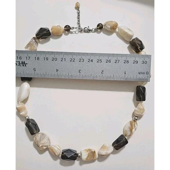 Vintage Sterling Silver 925 Onyx Mother Of Pearl Beaded Necklace - Picture 4 of 6